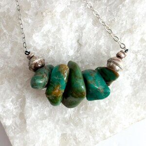 Freeform Turquoise Gemstone Sterling Silver 925 Vintage Pendant Necklace - 16"